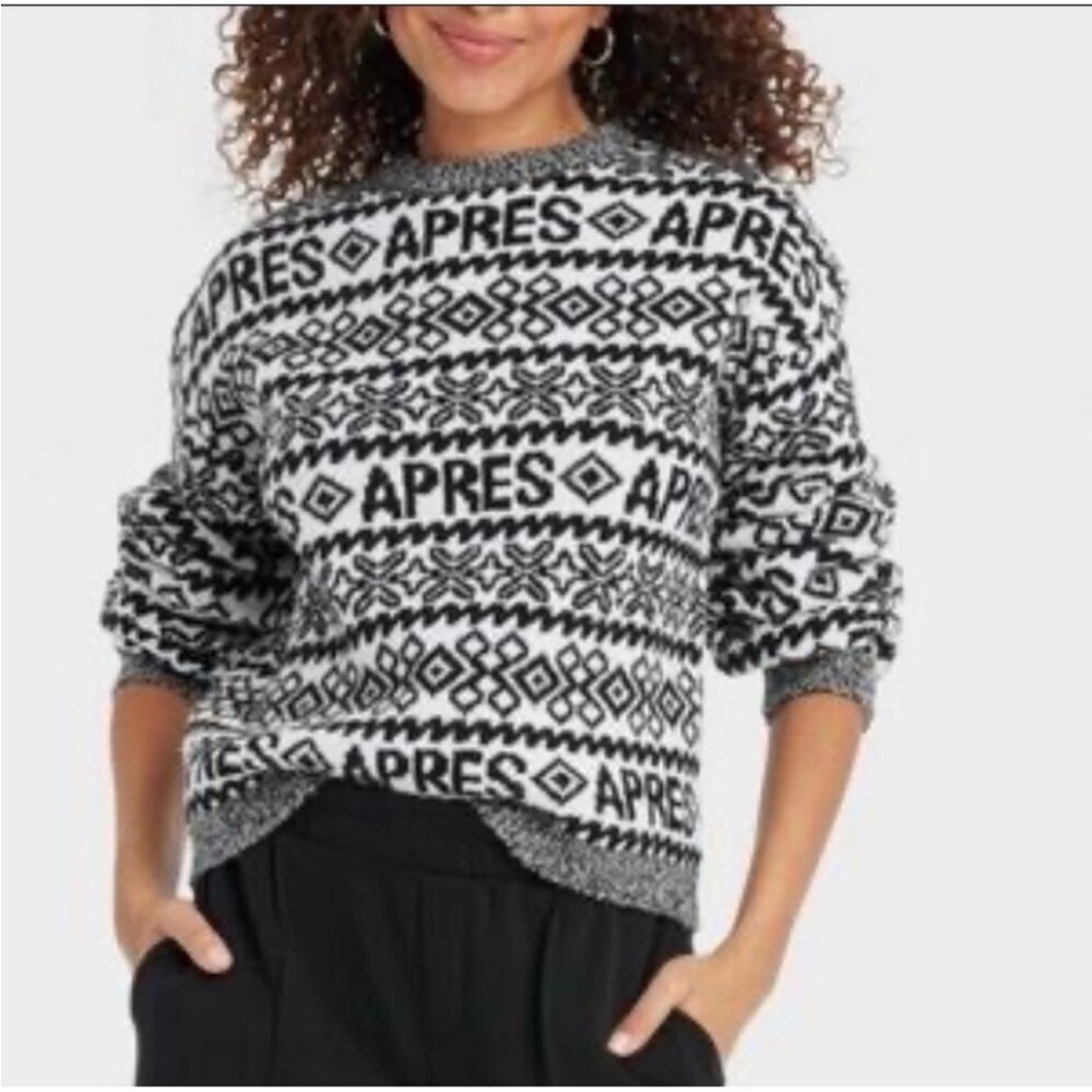 a new day Black and White Patterned Crew Neck Sweater Apres ski